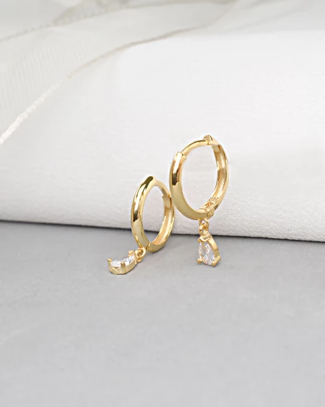 18k Serie Oro Damla Taşlı Minimal Kadın Gümüş Küpe - Resim 2