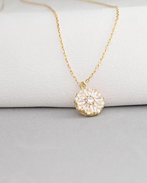 18k Serie Oro Baget Taşlı Çiçek Model Minimal Kadın Gümüş Kolye - Resim 3