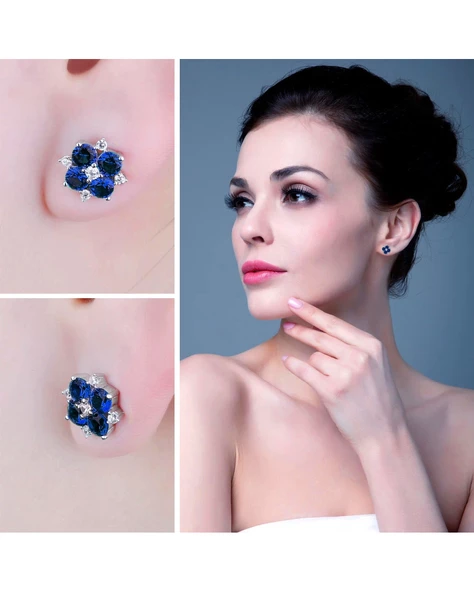 Safir Taşlı Elegant Stylish Night Kadın Gümüş Küpe - Resim 3