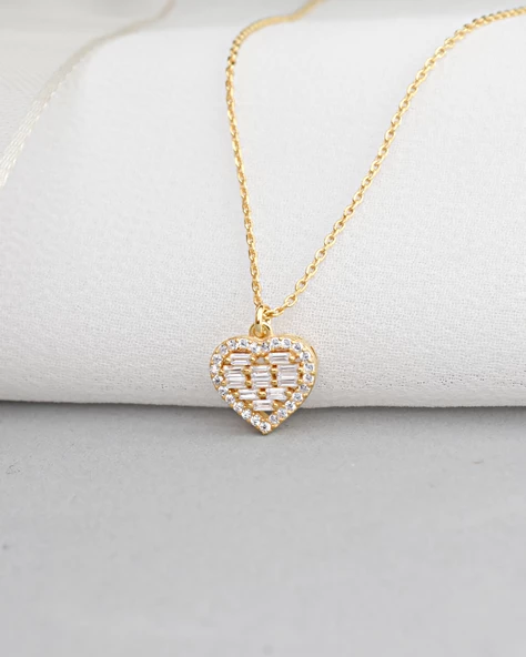 18k Serie Oro Baget Kalbim Minimal Kadın Gümüş Kolye - Resim 3