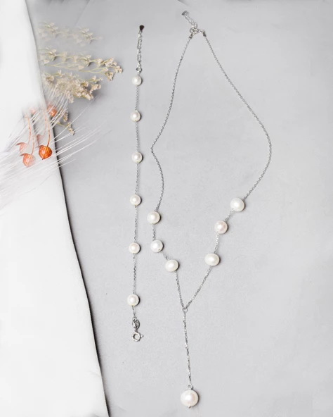 Special Hakiki İnci Y Model Kadın Gümüş Kolye Bileklik İnci Set - 2
