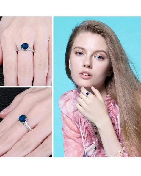 Safir Taşlı Diamond Yarımtur Tektaş Kadın Gümüş Yüzük - 2