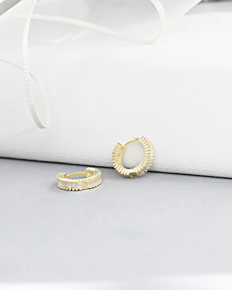 18k Serie Oro Baget Taşlı Minimal Halka Kadın Gümüş Küpe 13 MM - 2