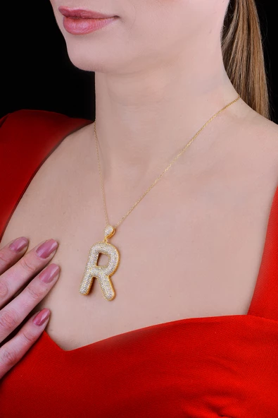 18k Serie Oro R Harfi Kadın Gümüş Kolye - Resim 2