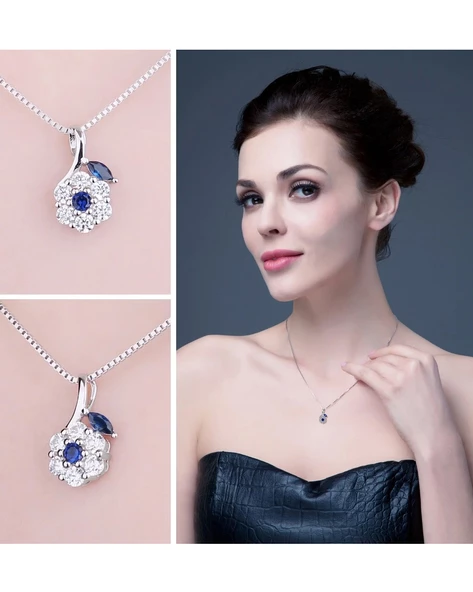 Safir Zirkon Taşlı Minimal Model Stylish Night Kadın Gümüş Kolye - Resim 3