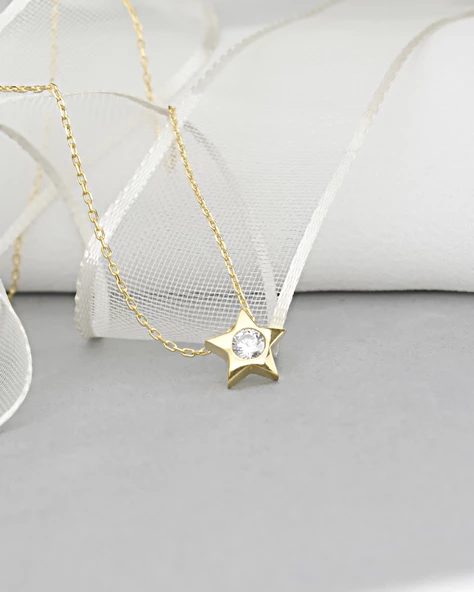 18k Serie Oro Tektaş Yıldız Minimal Classical Kadın Gümüş Kolye - Resim 2