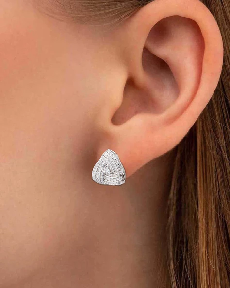 Diamond Business Üçgen Form Işıltılı Kadın Gümüş Küpe - Resim 2