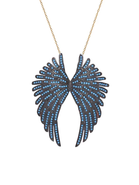 925 Ayar Firuze Taşlı Melek Kanatlı Uzun Kadın Gümüş Kolye 80 cm ürün görseli