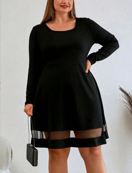 Etek Tül Detay Krep Elbise - 3