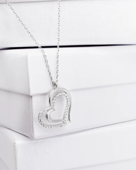 Diamond Model Special Çift Kalp Kadın Gümüş Kolye - Resim 3