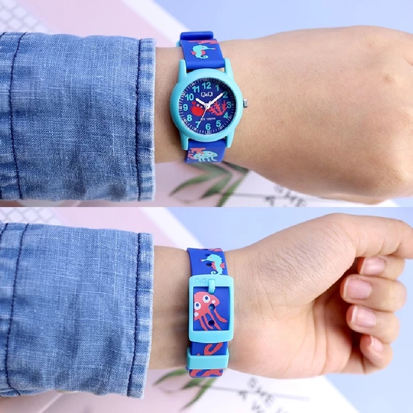 Q&Q VR99J017Y Mavi Turkuaz Deniz Atı Yengeç Desenli Su Geçirmez Çocuk Kol Saati - 5