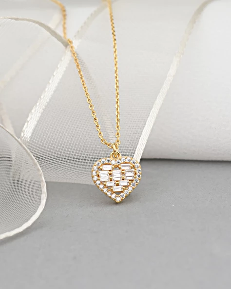 18k Serie Oro Baget Kalbim Minimal Kadın Gümüş Kolye - Resim 2