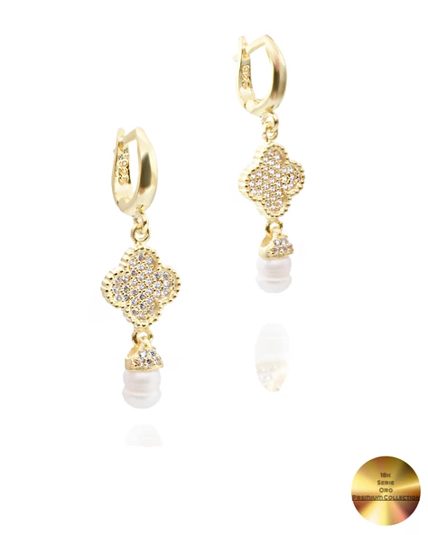 18k Serie Oro Sallantılı Hakiki İncili Yonca Gümüş Küpe ürün görseli