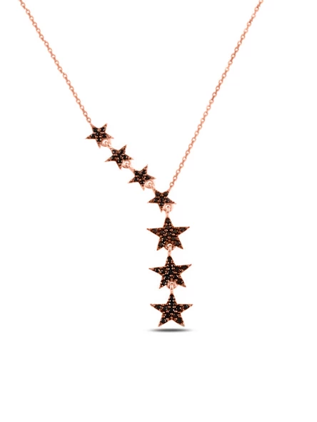 Kayan Yıldızlar Siyah Zirkon Taşlı Sallantılı Gümüş Kadın Kolye - Resim 3