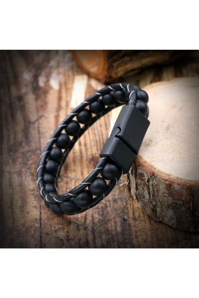Mat Oniks Doğal Taşlı Örme Erkek Bileklik - 3