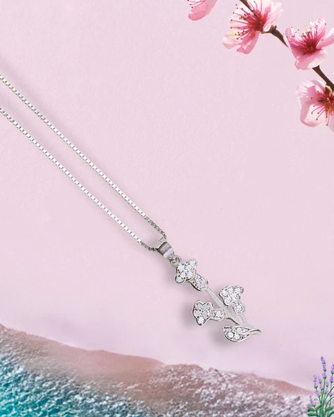 Zirkon Taşlı Pırlanta Model Çiçek Dalı Kadın Gümüş Kolye - 3