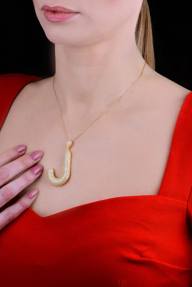 18k Serie Oro J Harfi Kadın Gümüş Kolye - Resim 2