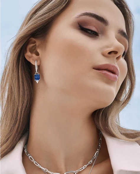 Safir Sallantılı Yarımtur Halka Kadın Gümüş Küpe 17 MM - 2