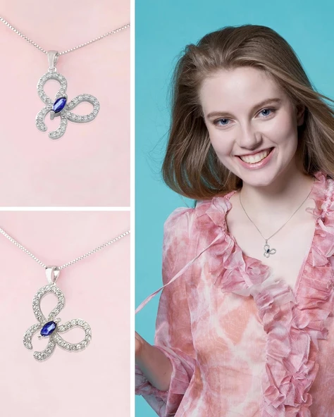 Safir Taşlı Işıltılı Kelebek Diamond Butterfly Kadın Gümüş Kolye - Resim 2
