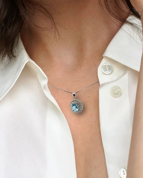 Aquamarin Taşı Sümer Telkari Model Kadın Gümüş Kolye - 2