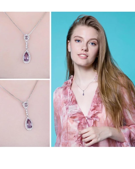 Ametist Taşı Lusso Damla Diamond Kadın Gümüş Kolye - 2