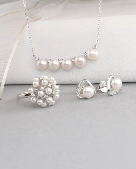 Special Luxury Pearl Kadın Gümüş Kolye Küpe Yüzük İnci Set - 2