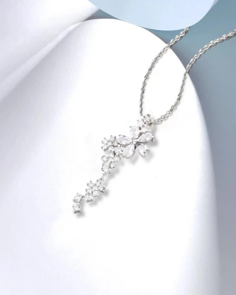 Pırlanta Model Çiçek Demeti Kadın Gümüş Kolye Küpe Seti - 3