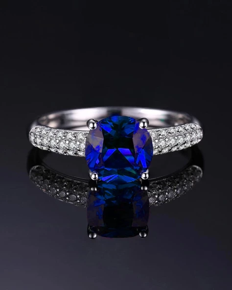 Safir Taşlı Diamond Yarımtur Tektaş Kadın Gümüş Yüzük - 3