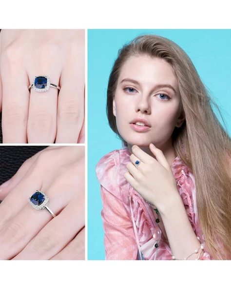 Safir Taşlı Diamond Tektaş Kare Princess Kesim Kadın Gümüş Yüzük - 2