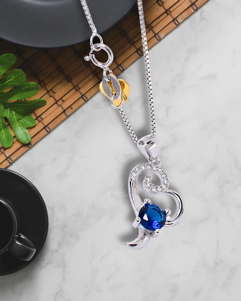 Diamond Serisi Safir Tektaş Okyanus Kalbi Stylish Gümüş Kadın Kolye - Resim 4