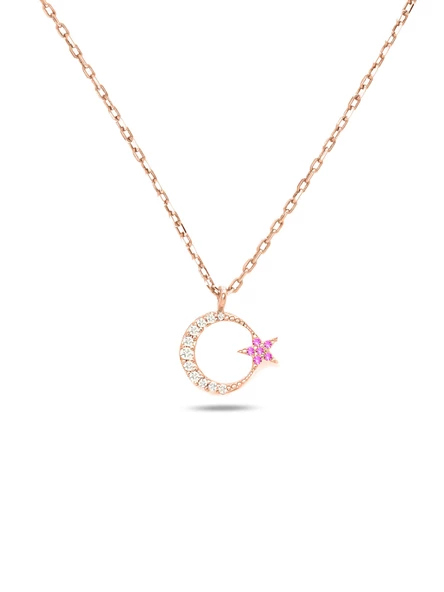 925 Ayar Gümüş Zirkon Taşlı Ay Yıldız Kadın Gümüş Kolye - Resim 2