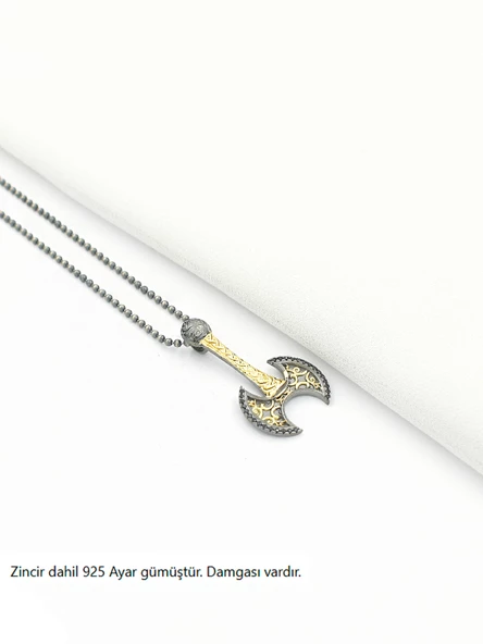 Viking Altın Savaş Baltası Erkek Gümüş Kolye - 2