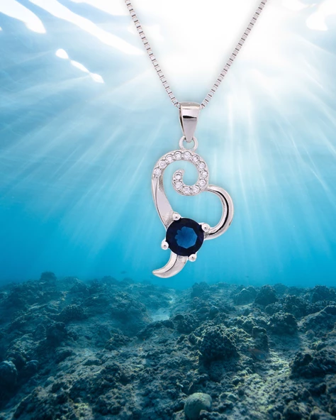 Diamond Serisi Safir Tektaş Okyanus Kalbi Stylish Gümüş Kadın Kolye - Resim 3