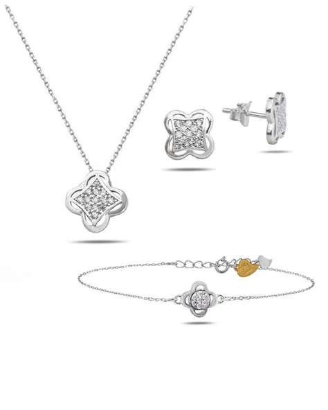 Swarovski Taşlı Elegant Yonca Kadın Gümüş Kolye Küpe Bileklik Set