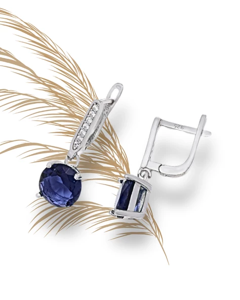 Safir Taşlı Tektaş Pırlanta Sallantılı Kadın Gümüş Küpe 9 MM - Resim 3