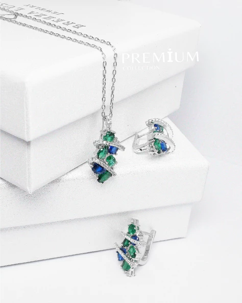 Zümrüt Oval Taşlı Luxury Kadın Gümüş Kolye Küpe Set - 2