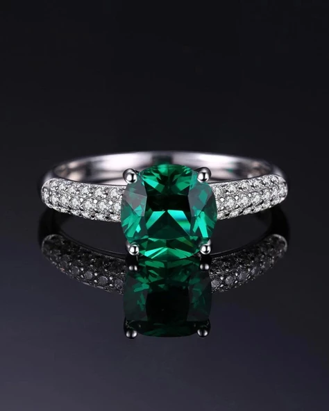 Zümrüt Taşlı Diamond Yarımtur Tektaş Kadın Gümüş Yüzük - 2