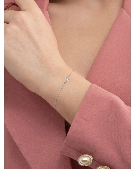 Luck Serisi Swarovski Taşlı Minimal Yonca Kadın Gümüş Bileklik - Resim 2