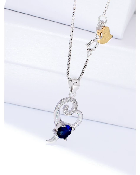 Diamond Serisi Safir Tektaş Okyanus Kalbi Stylish Gümüş Kadın Kolye - Resim 2