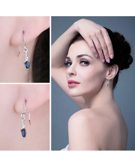 Safir Taşlı Gözyaşı Damlası Çengel Sallantılı Kadın Gümüş Küpe - Resim 3