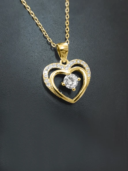 Çift Kalp Tektaş Gümüş Kolye Altın Kaplama - Resim 3