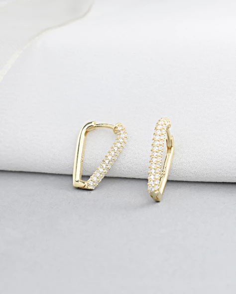 18k Serie Oro Zirkon Taşlı Üçgen Oval Gümüş Küpe - Resim 3