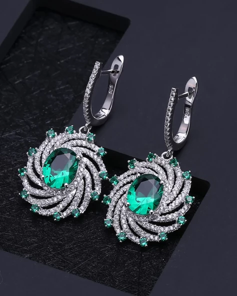 Zümrüt Oval Taşlı Luxury Vintage Kadın Gümüş Kolye Küpe Set - 2