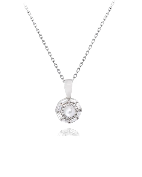 925 Ayar Gümüş Işıltılı Baget Taşlı İnci Kadın Gümüş Kolye ürün görseli