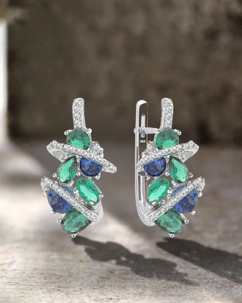 Zümrüt Oval Taşlı Luxury Kadın J Gümüş Küpe - Resim 3