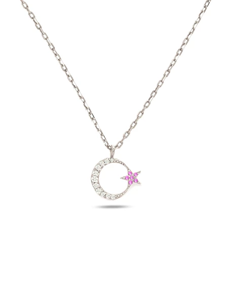 925 Ayar Gümüş Zirkon Taşlı Ay Yıldız Kadın Gümüş Kolye ürün görseli