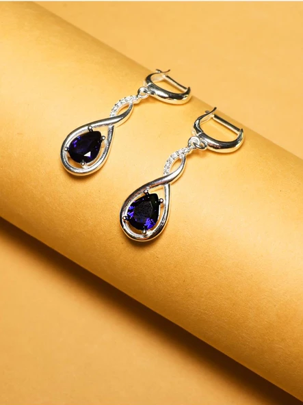 925 Ayar Su Damlası Safir Zirkon Taşlı Gümüş Küpe - Resim 2