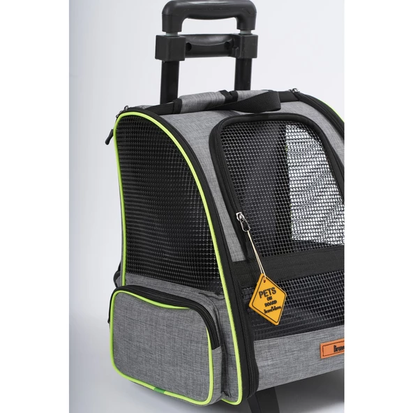 Brave Paws Tekerlekli Plastik Fileli Kedi ve Köpek Taşıma Çantası Çekçek Mekanizmalı Yıkanabilir (GRİ) - 2
