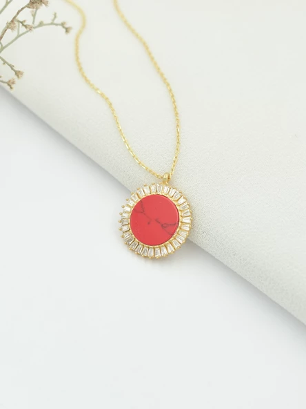 Mercan Taşlı Kırmızı Baget Gümüş Kolye Altın Kaplama - Resim 2