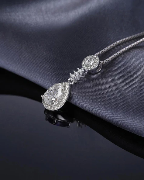Zirkon Taşlı Işıltılı Damla Diamond Model Kadın Gümüş Kolye Küpe Seti - 3